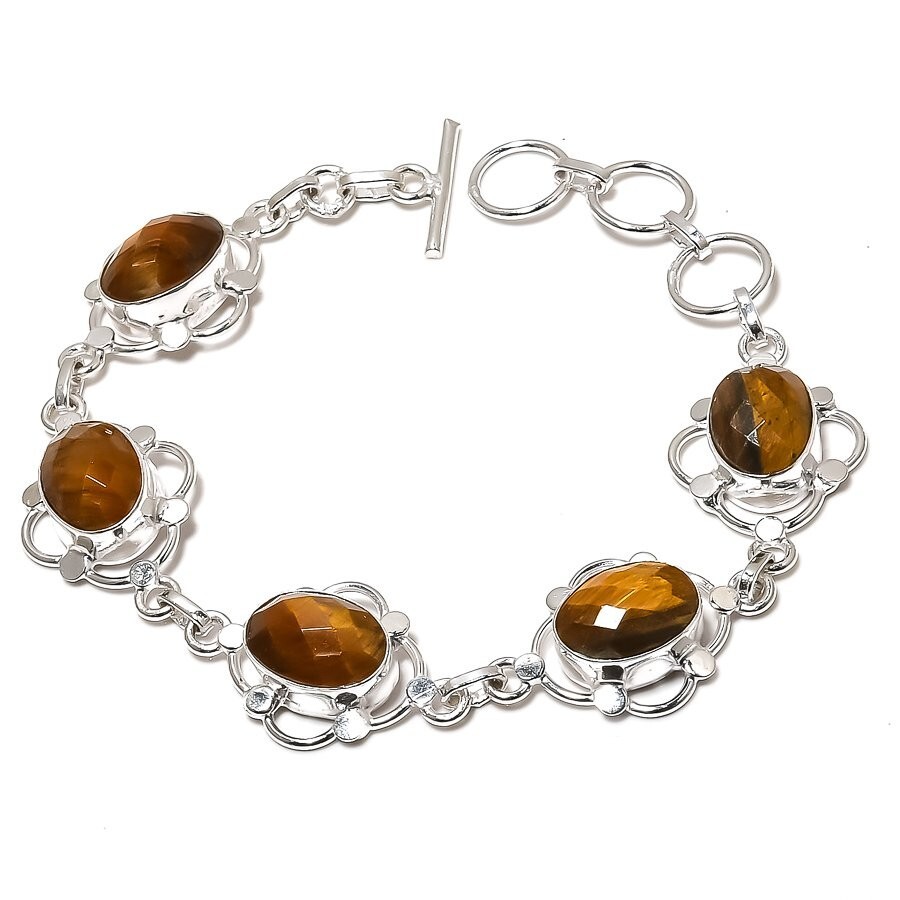 Brown Tiger Eye Gemstone Handmade 925 Sterling Silver Jewelry Bracelet Size 7-8″