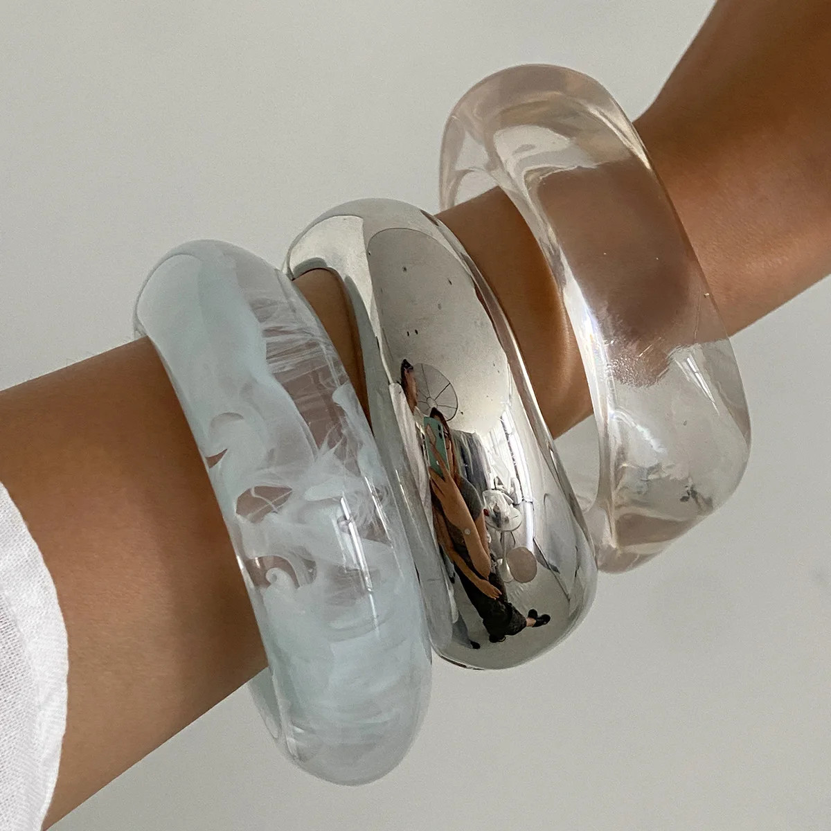 Acrylic Resin Cuff Bangle Women Silver Tone Geometric Round Layered Jewelry