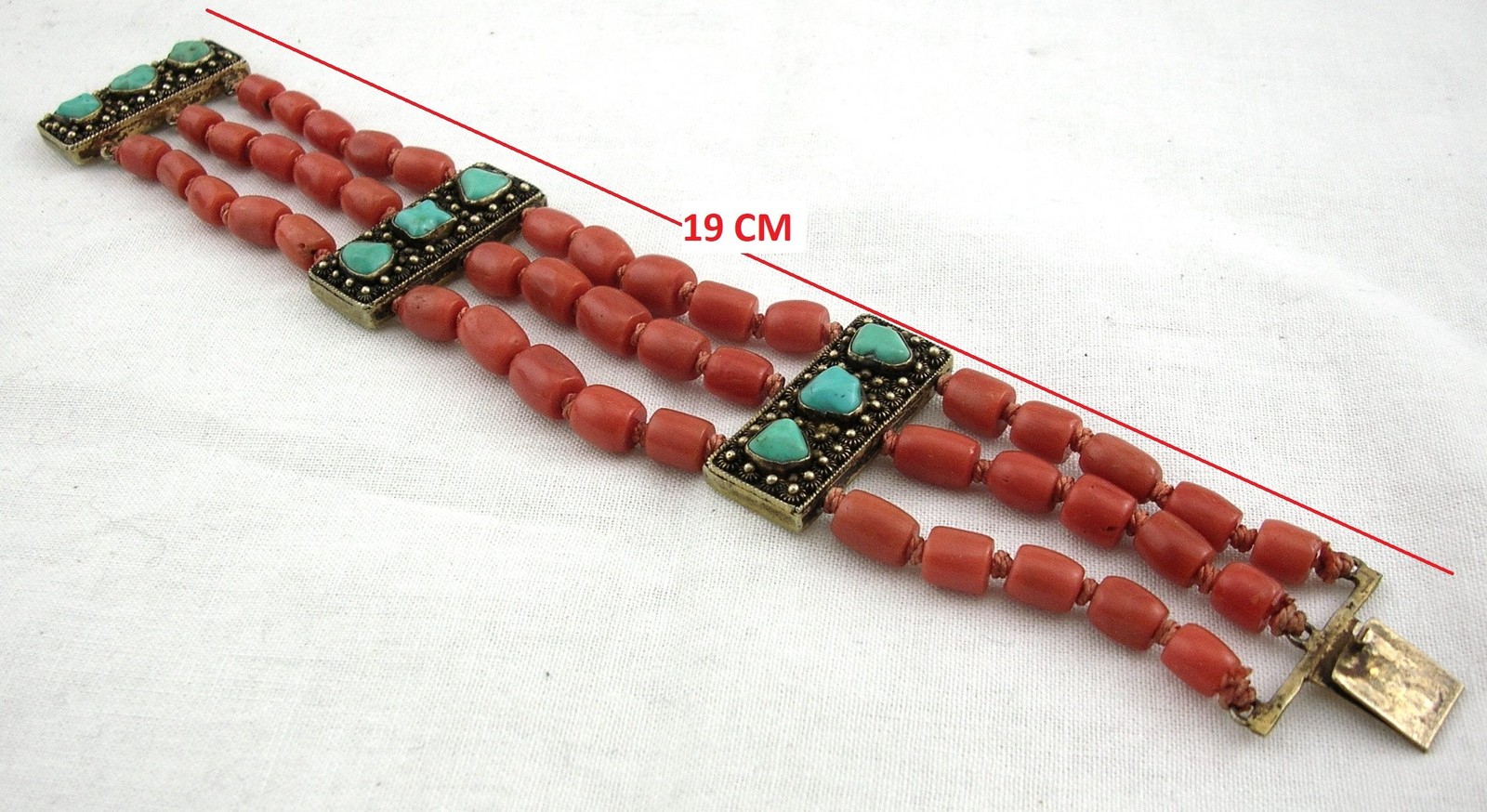 ANTIQUE TIBETAN TURQUOISE RED CORAL AND SILVER BRACELET 19 cm