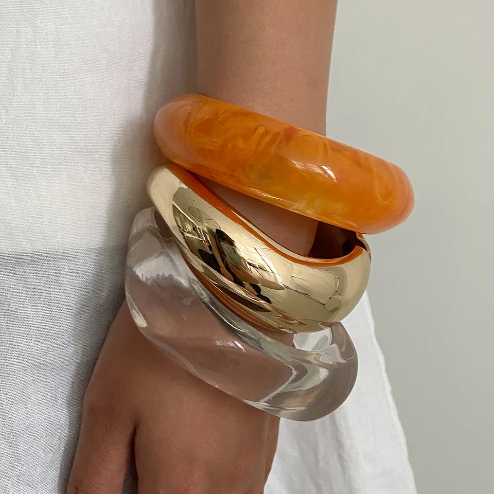 Acrylic Resin Cuff Bangle Women Silver Tone Geometric Round Layered Jewelry