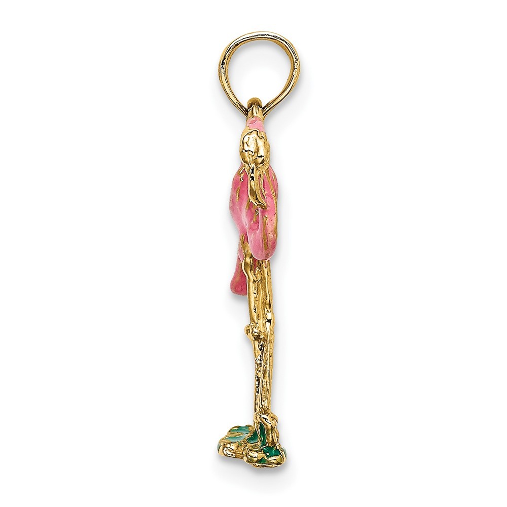 10K Yellow Gold 3-D Pink Enamel Flamingo Charm Pendant L 19.4mm, W 10.9mm