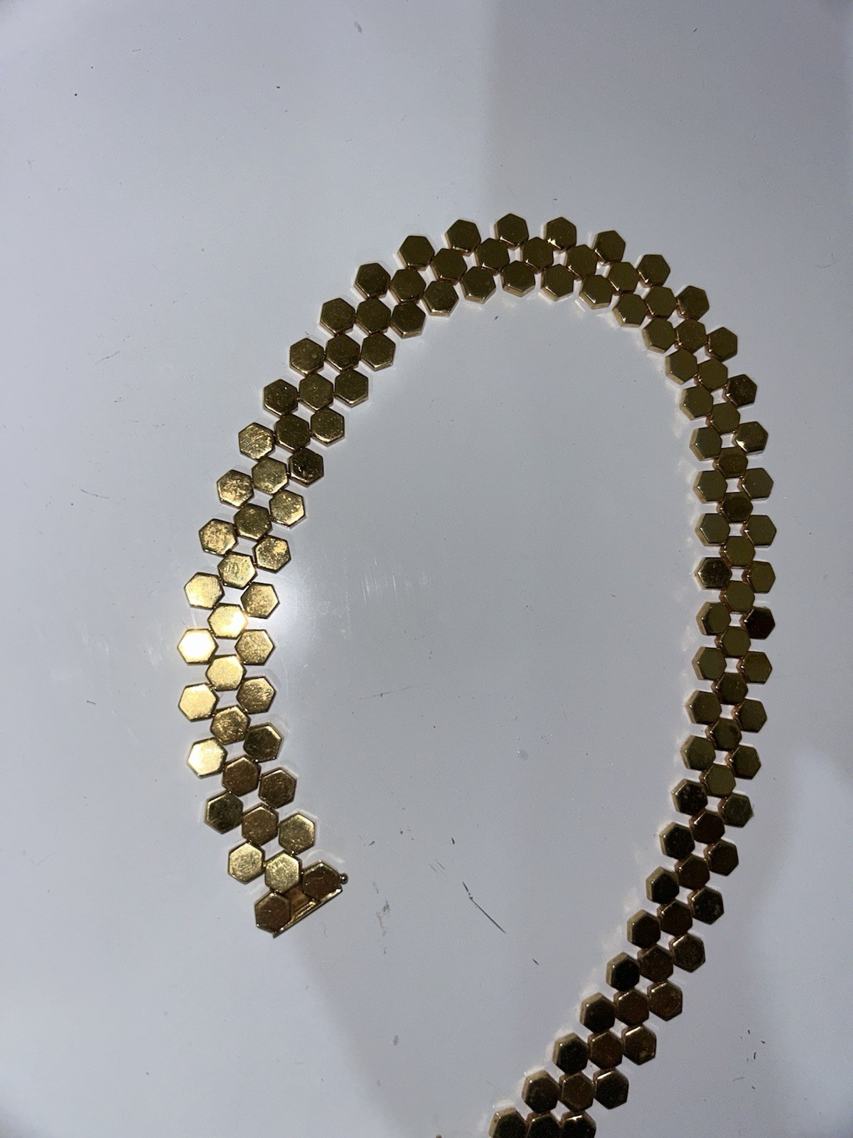 14K Yellow Gold Italy Honeycomb Hexagon Link Necklace 60g Vintage Estate