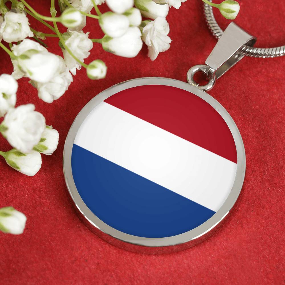Netherlands Flag NecklaceCircle Pendant Necklace Stainless Steel 24 Inch Chain