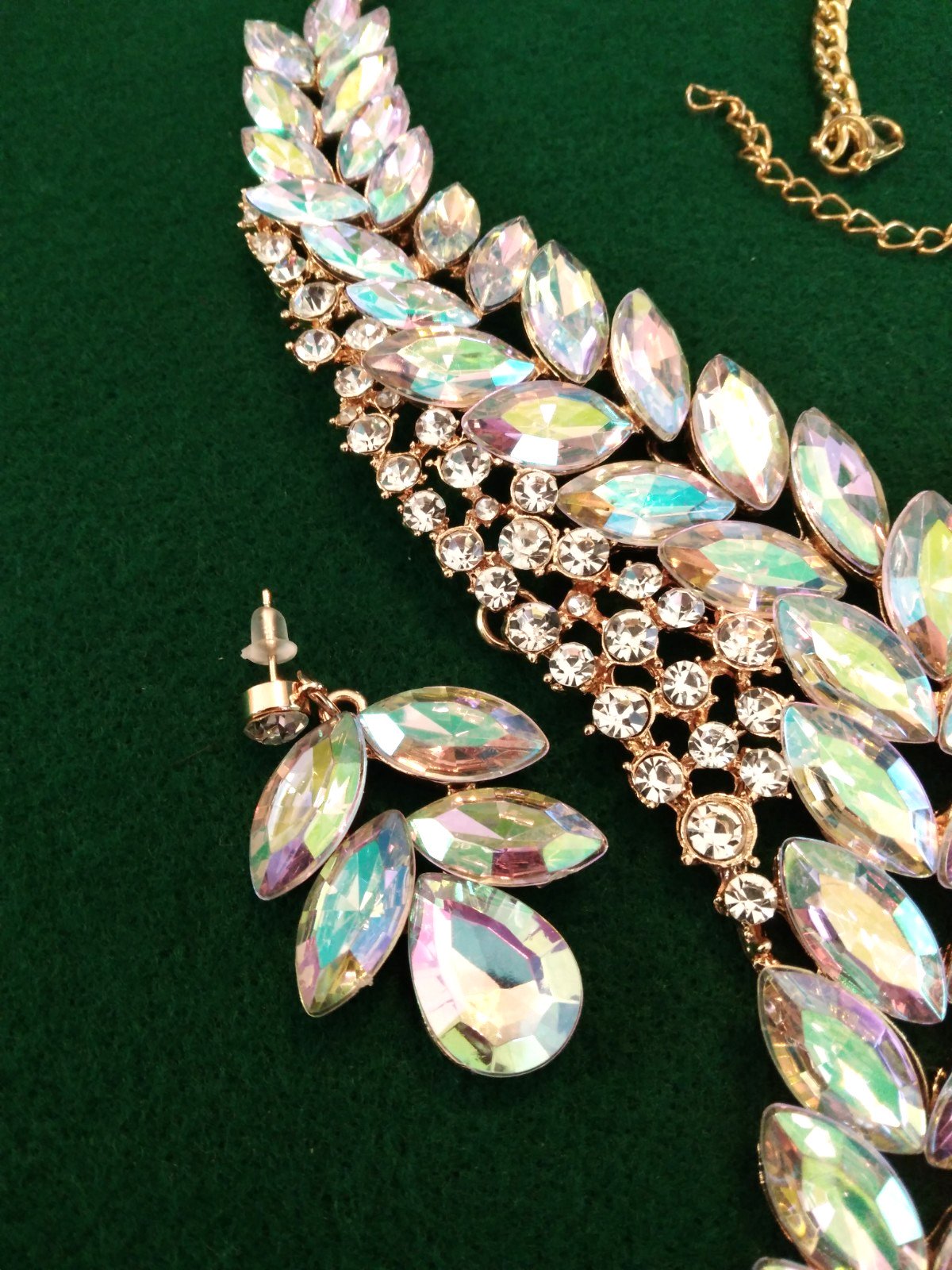 Contemporary Necklace Set Acrylic AB Marquis Stones Gold Tone Pierced Bridal