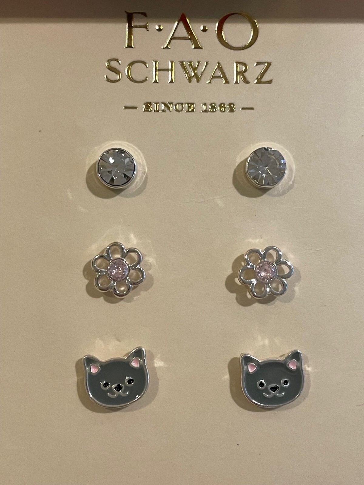 NWT FAO SCHWARZ EARRING SET Gift Beautiful 3 PAIR FINE SILVER PLATE cat /flower