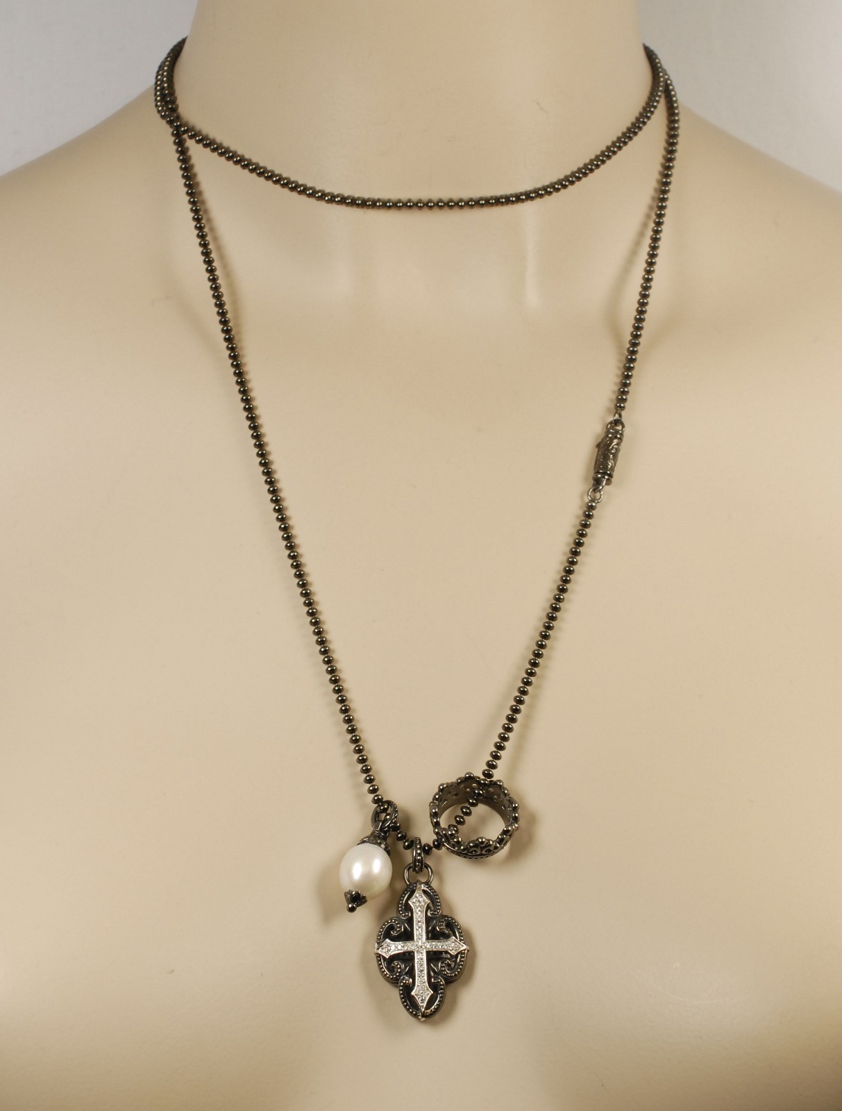 $750 Scott Kay Ruthenium Ball Chain Pearl Cross Charm Necklace Women Lady Gift