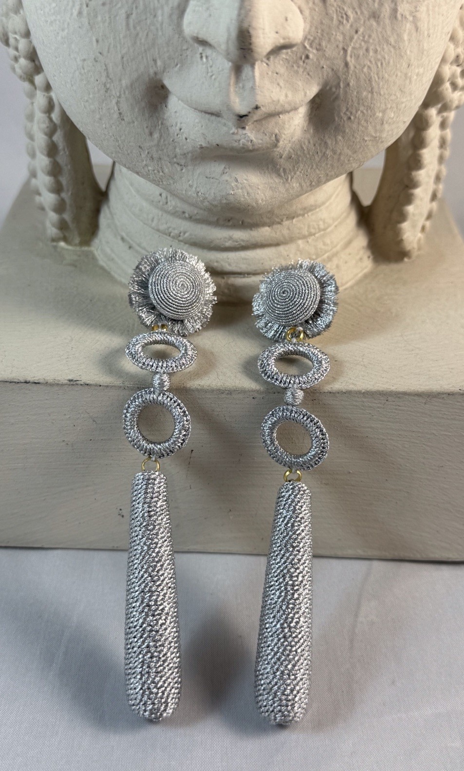 LEYLA GANS Amelie Wrapped Cord Drop Earrings ~ Metallic Silvertone cord~ Pierced