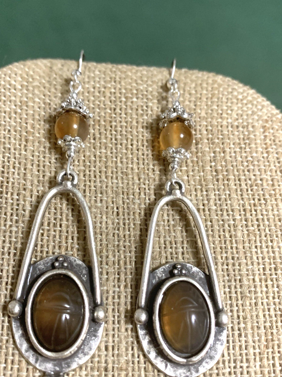 ON SALE*HANDCRAFTED EGYPT CARVED VTG. AMBER CHALCEDONY SCARAB EARRINGS-NEW.s