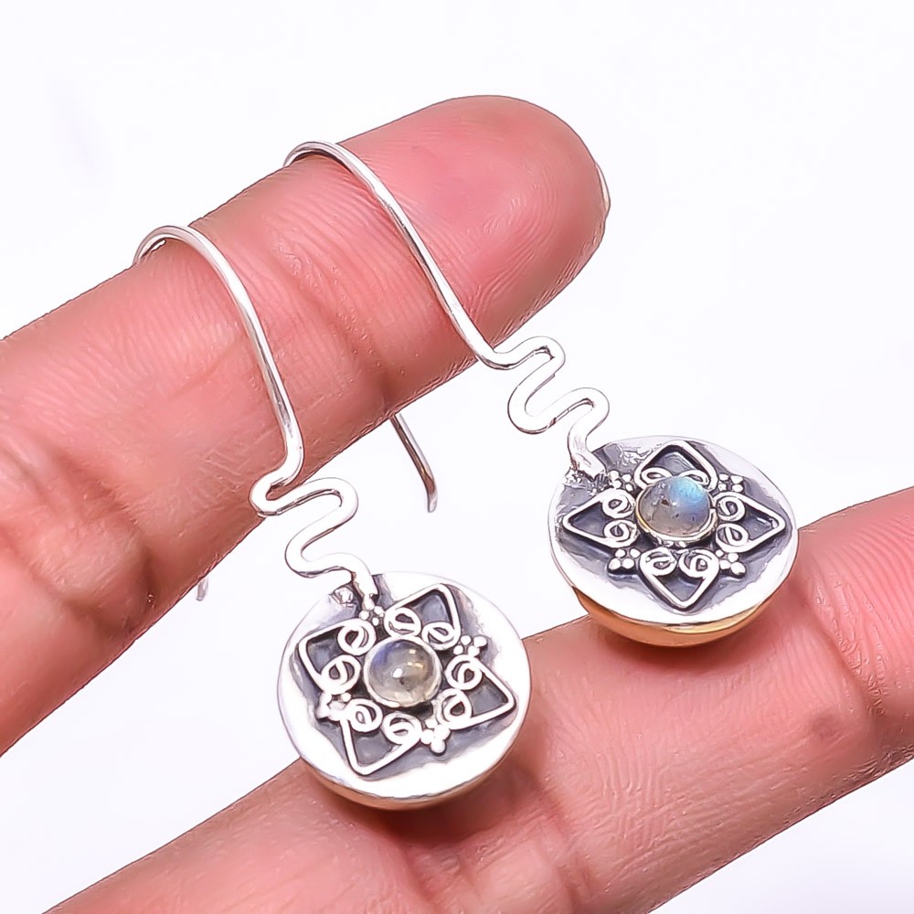 Natural Rainbow Moonstone -India 925 Sterling Silver Two Tone Earring 1.56″ E46