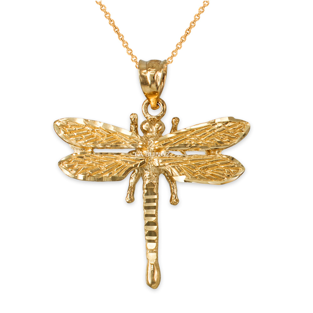 10K Solid Yellow Gold Dragonfly DC Pendant Necklace