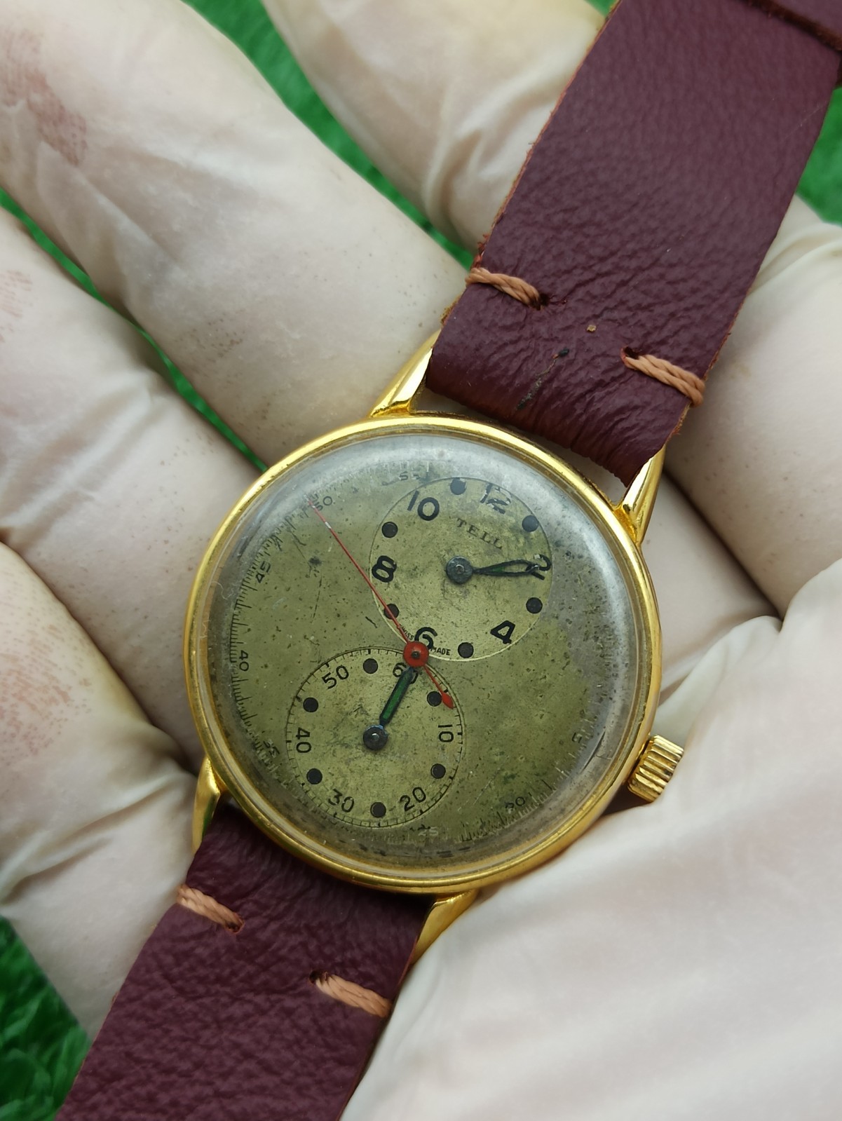 Vintage TELL Swiss Doctors Watch Duo Dial Manual Wind 1940s Gold Plated RUNNING