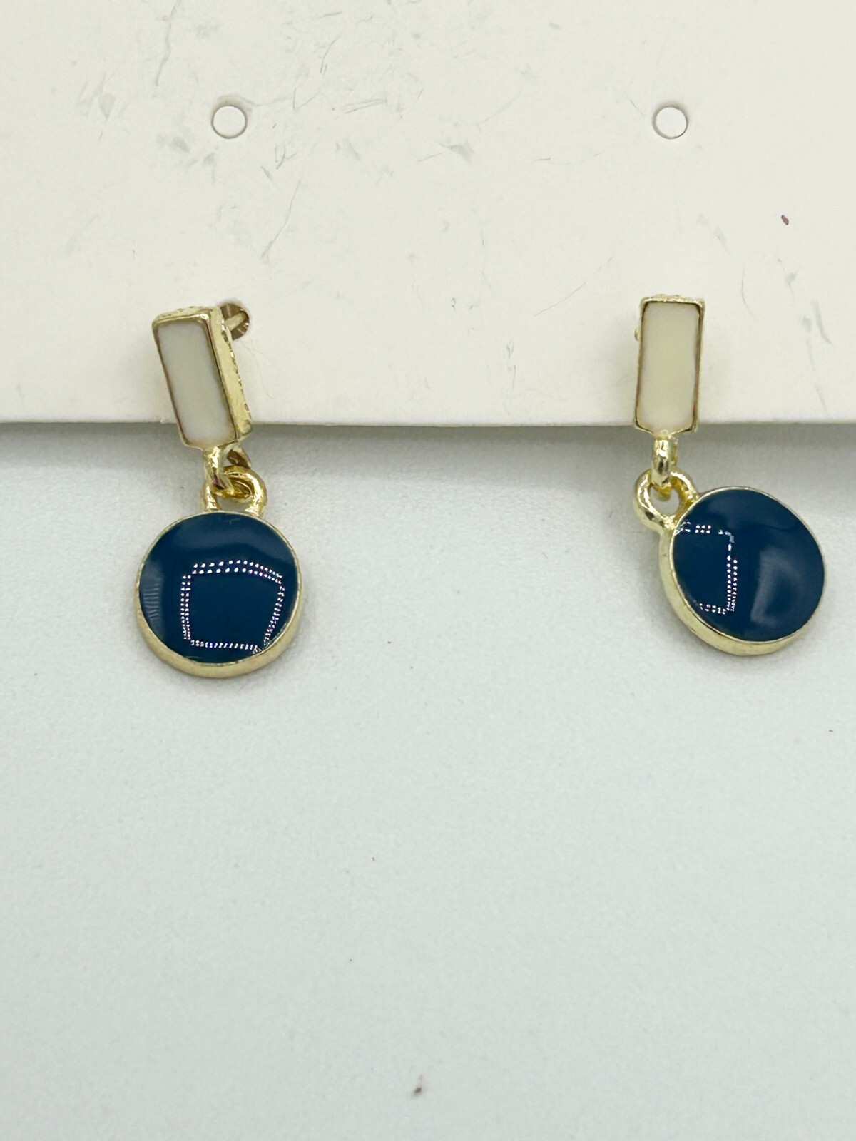 Enamel Pendant Earrings Contrast Color Blue/White/Gold, 1.75-Inch Drop