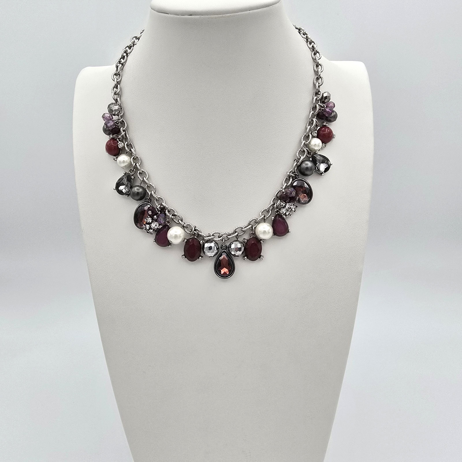 White House Black Market Red Rhinestone & Faux Pearl Necklace Purple Gray White