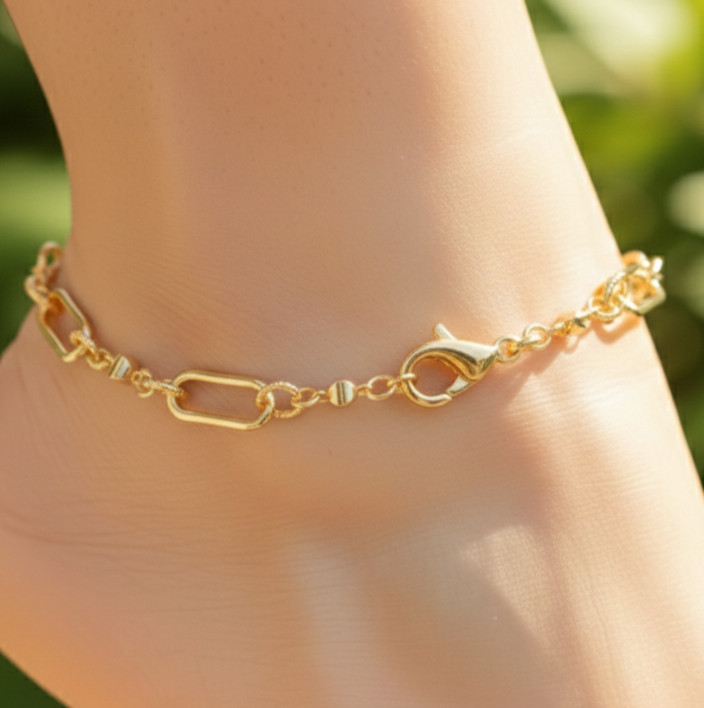 Stylish 18K Gold Tone Anklet Mixed Paperclip & Textured Round Link Chain Design