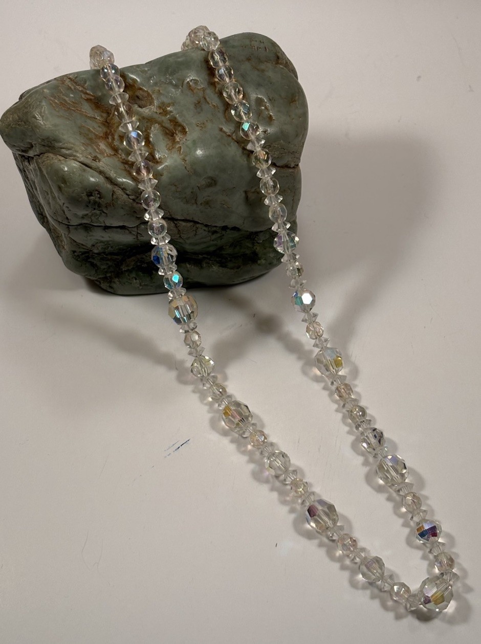 Vintage Clear Aurora Borealis Faceted Crystal 23” Necklace Sparkling Iridescent