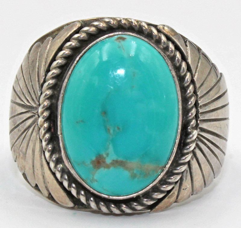 Native American Sterling Silver & Turquoise Signed M BIG Heavy Ring 14.9g Sz 12