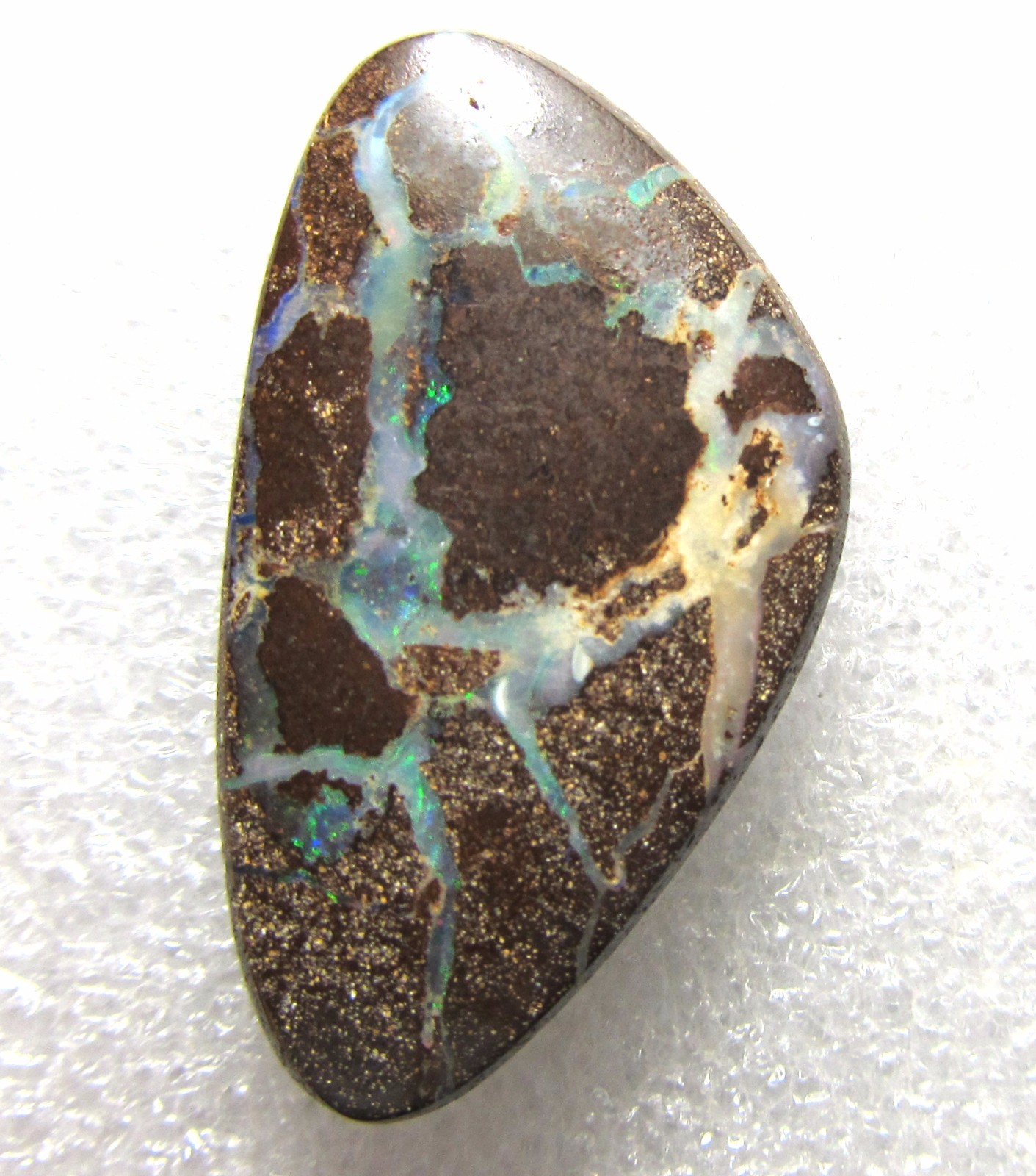 38 carat boulder opal, green fire, 33 x 19 x 6 mm, undrilled