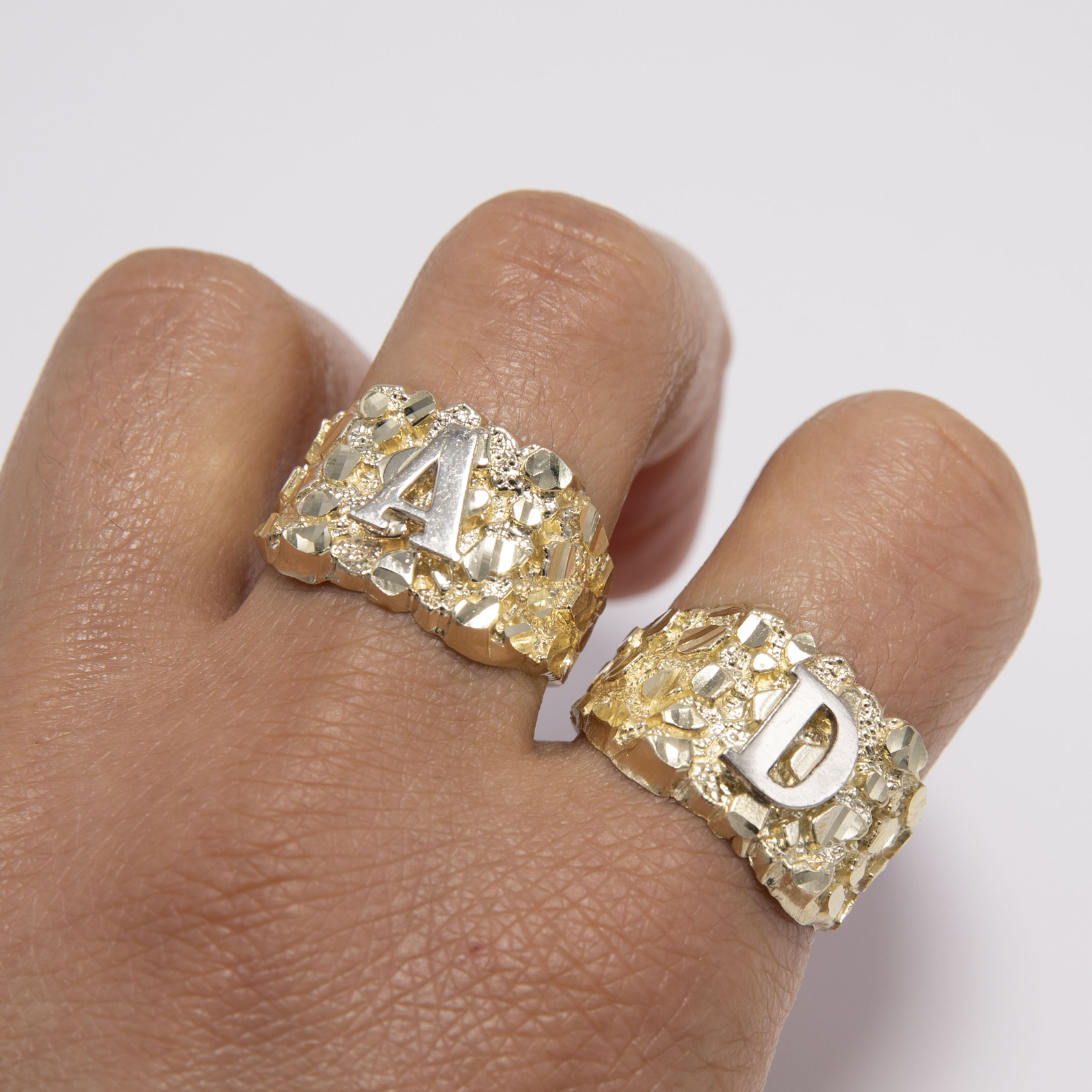 Nugget Design Initial Letter Ring Solid 10K Yellow White Gold All Sizes