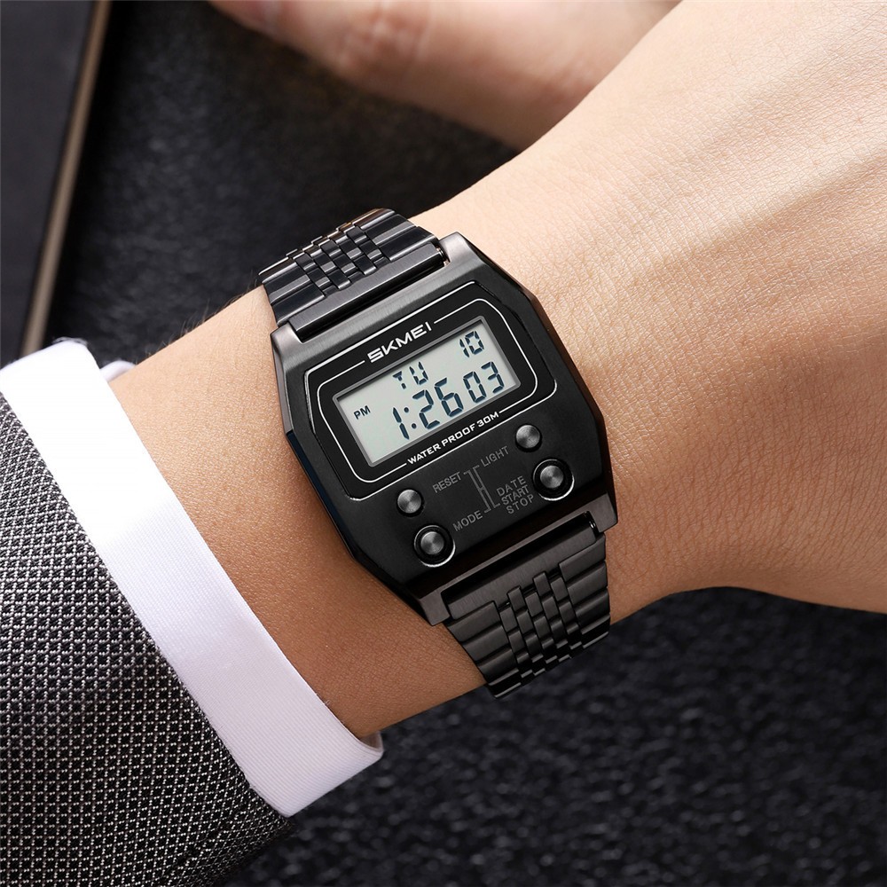 SKMEI Men Rectangle Watch Male Steel Wristwatch Boys Digital LED Display Watches