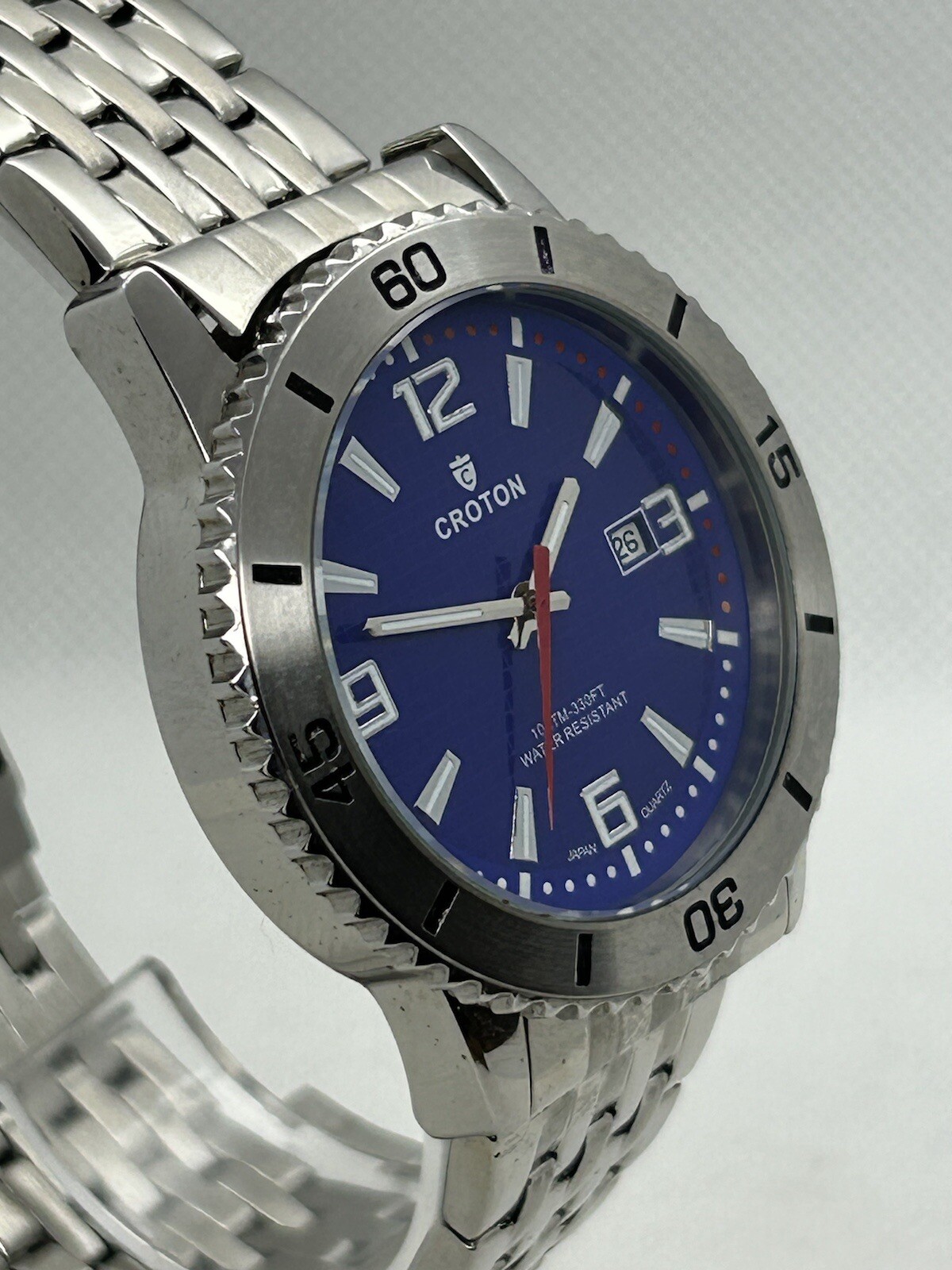 Japan Croton Aquamatic CA301288 WR 10ATM Blue Dial Silver Bezel Date Watch, 44mm