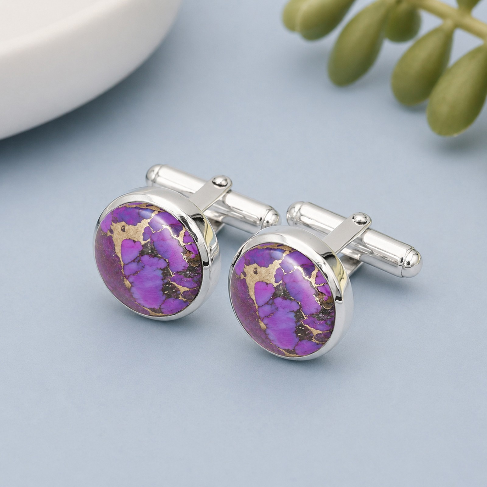 925 Sterling Silver Purple Copper Turquoise Cufflinks Men’s Formal Jewelry