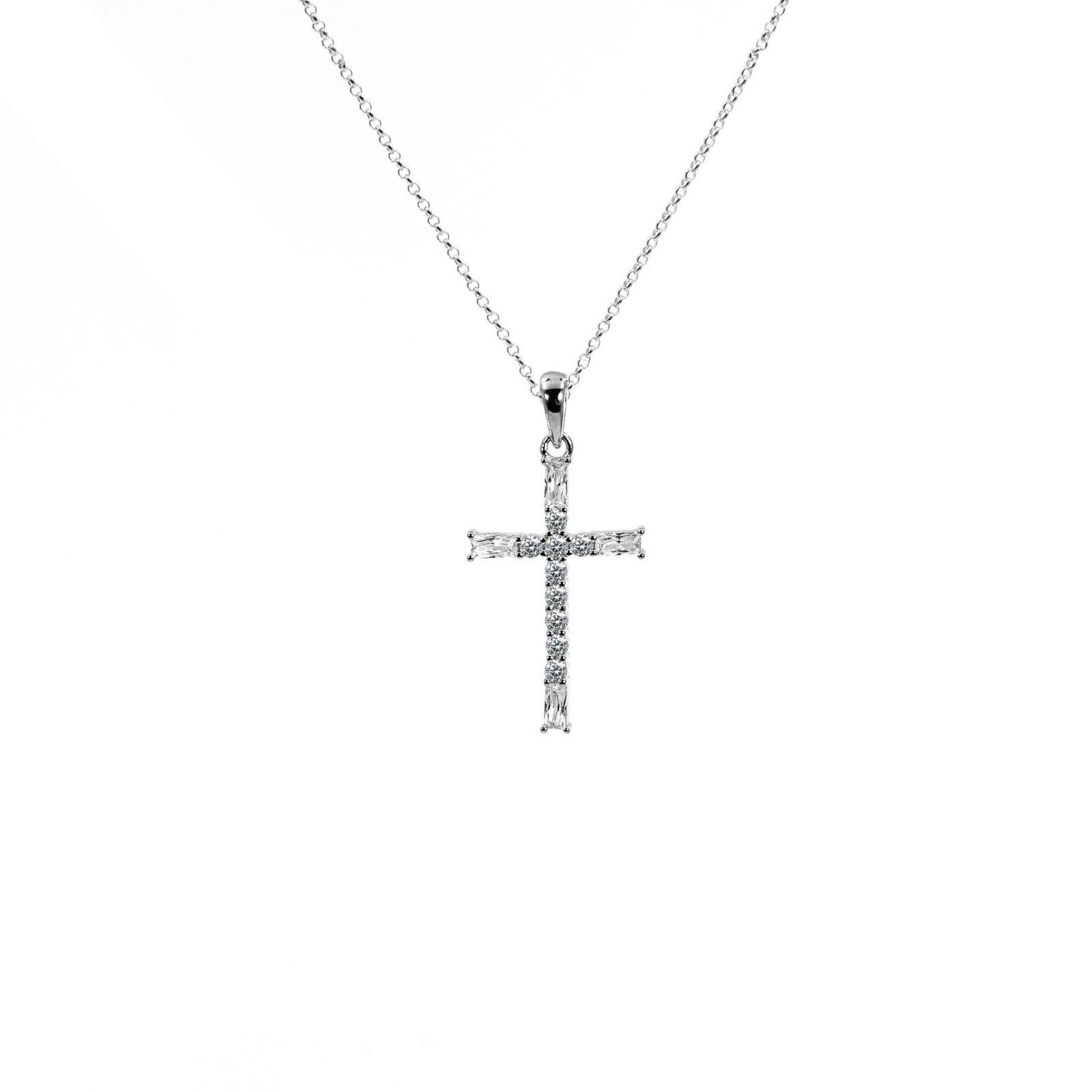 Circle Rolo Chain Necklace Pendant Cross 925 Sterling Silver Zircon Da/He