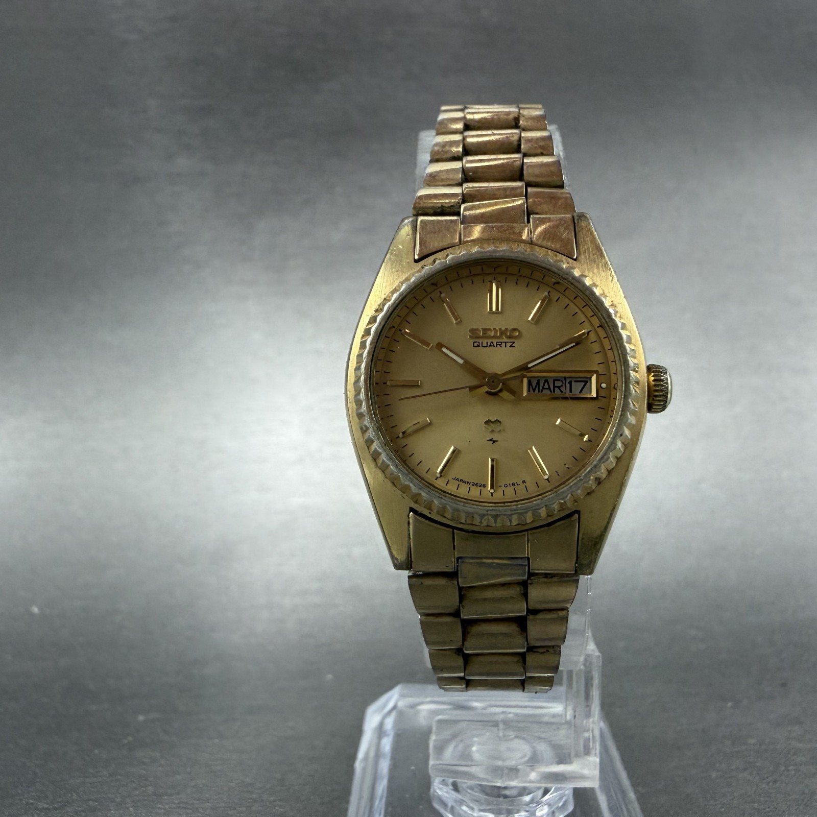 Seiko SQ Watch Women 25mm Champagne Dial Gold Tone Daydate 2626-0159 New Battery