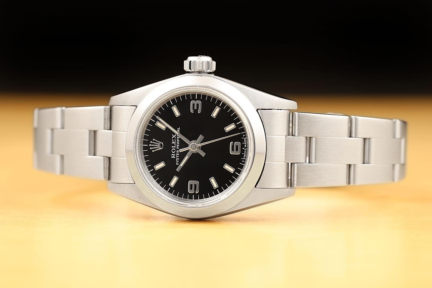 ROLEX LADIES OYSTER PERPETUAL 26MM 67180 BLACK ARABIC STAINLESS STEEL WATCH