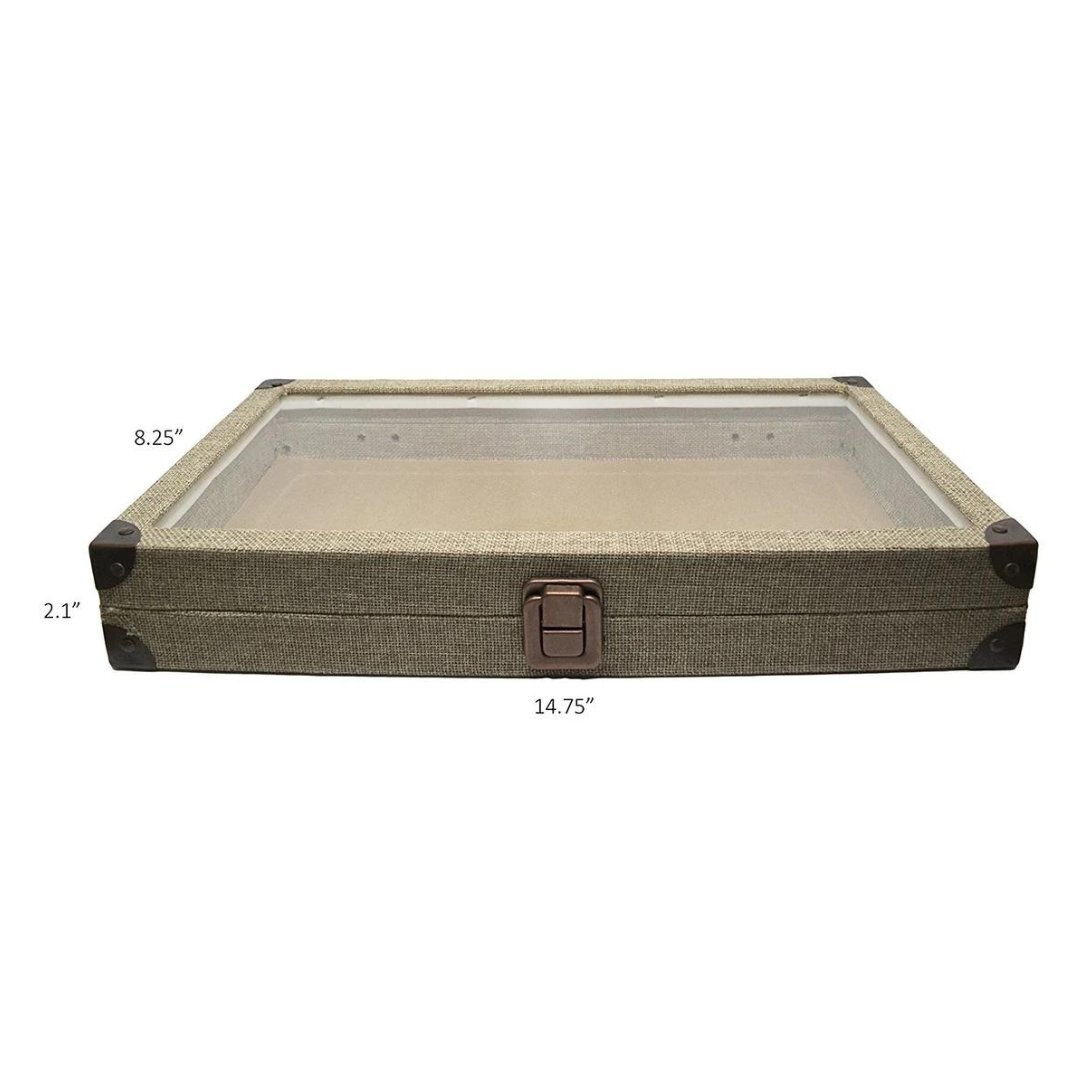 Novel Box Glass Top Burlap Clasp Jewelry Gem Display Case With Gem Jar Insert