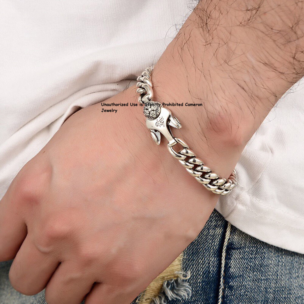 Pure S925 Sterling Silver Chain Men Vajra 9mm Curb Link Bracelet 8.26in 52-53g