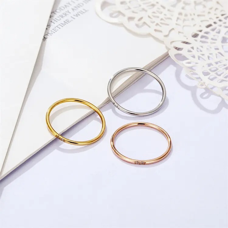 Women 1mm Thin Silver Gold Plated CZ Inlay Stainless Steel Stackable Ring Band