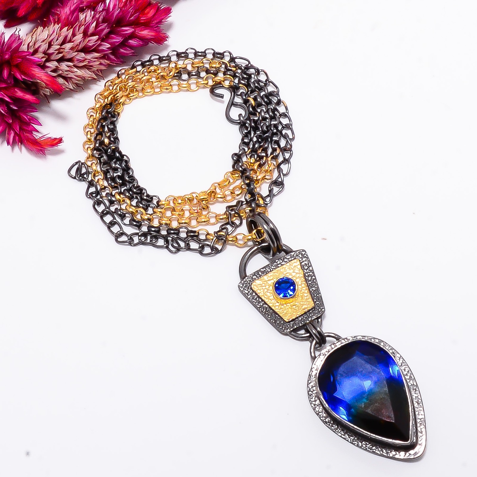 Black And Blue Bi-Colour Tourmaline 925 Sterling Silver Chain Pendant 18-22″ S57