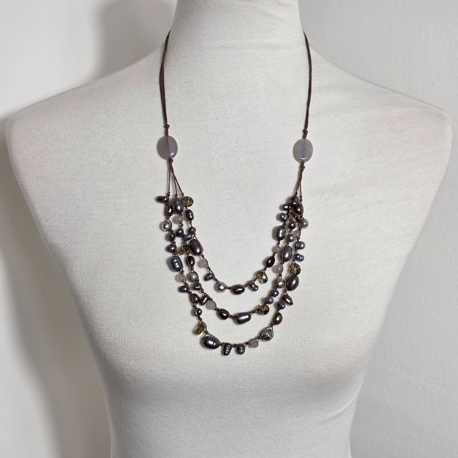 J. Jill Triple Strand Necklace Gray & Bronze Colored Beads on Brown Cord