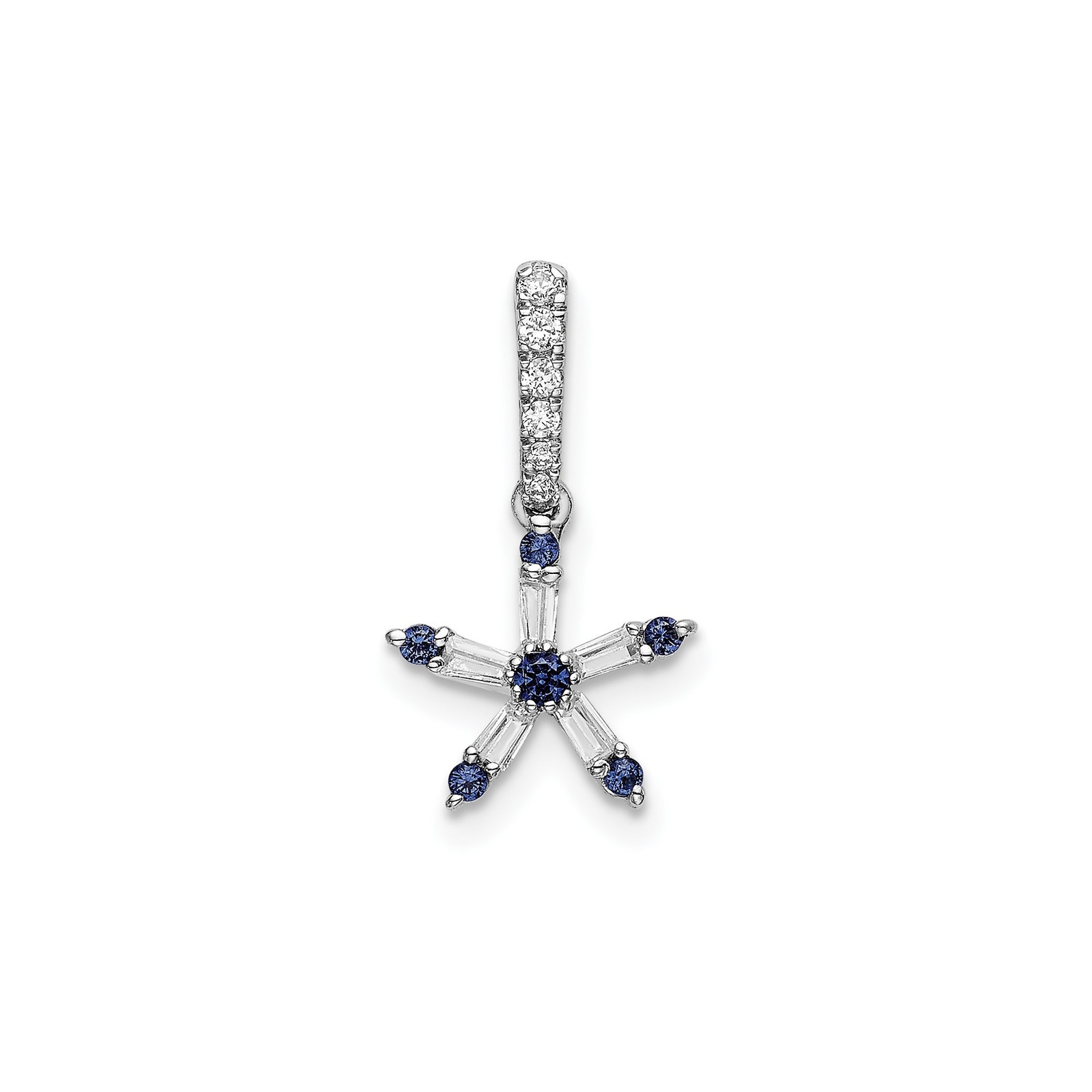 14k White Gold Starburst Pendant Blue Sapphire Baguette Diamond Necklace Women