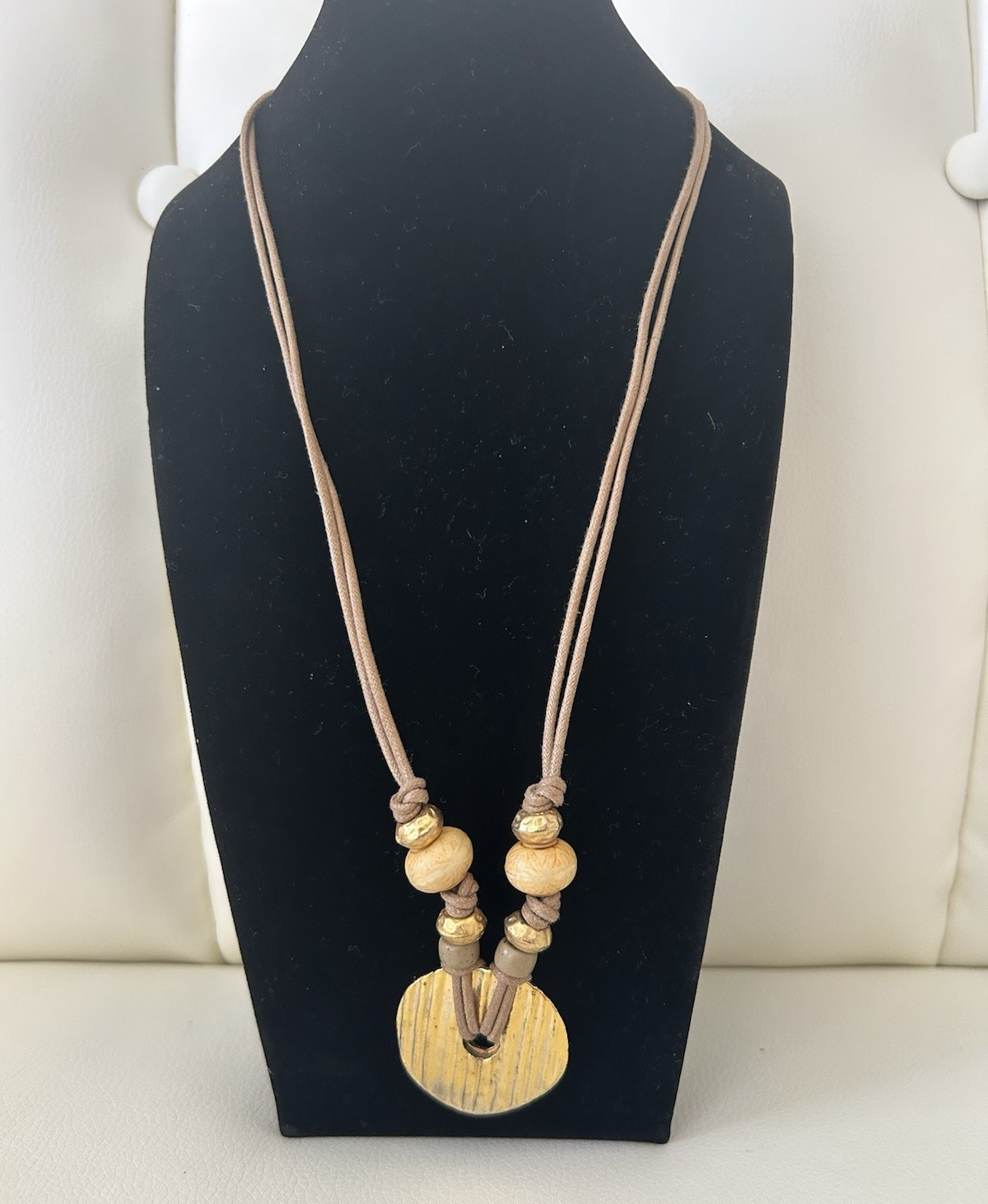 Brown Wood Beaded Cord Charm Necklace Round Pendant No Clasp 12 Inches