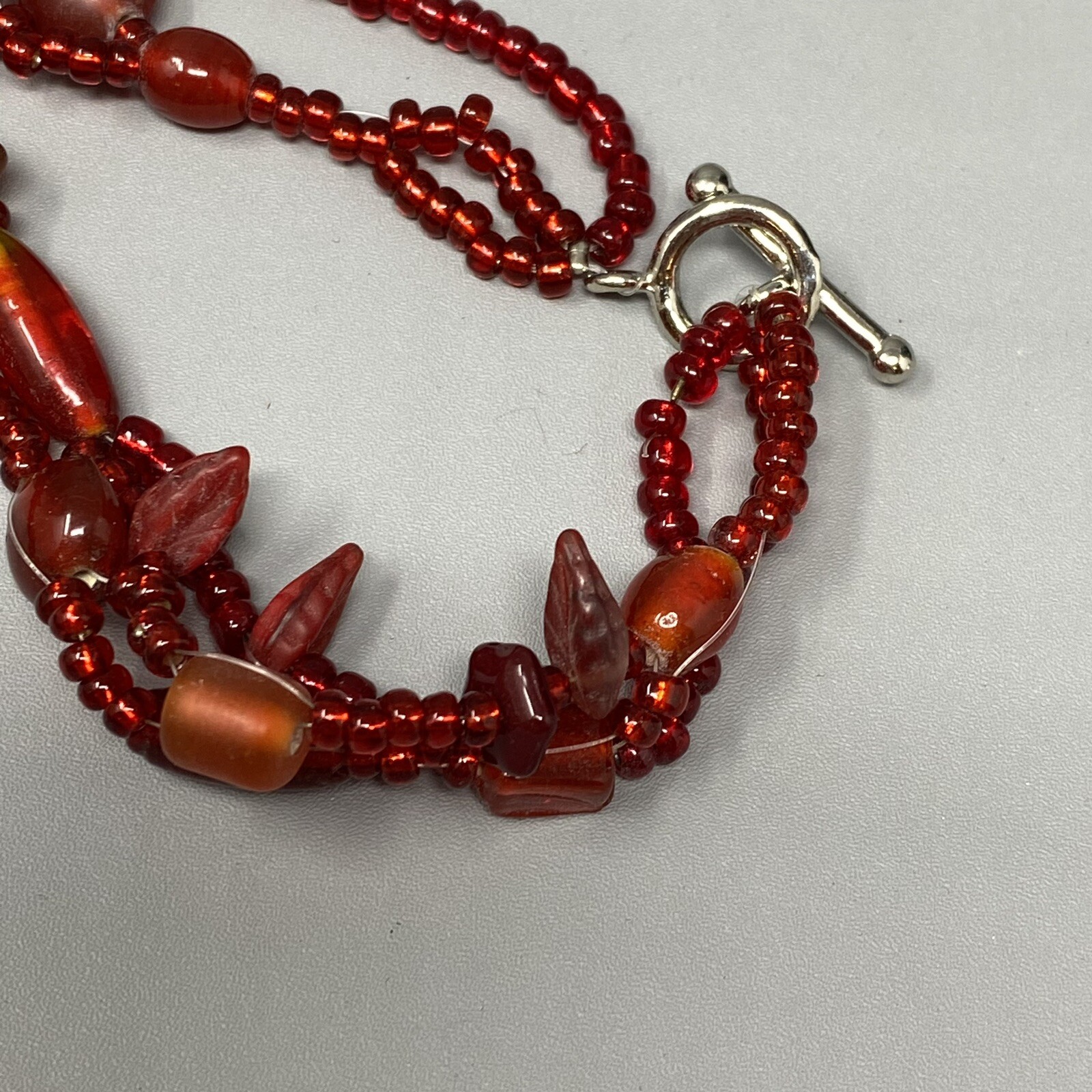 VTG Boho Glass Necklace Red Burgundy Glass Beads Czech Dichroic Frost Molded 24″