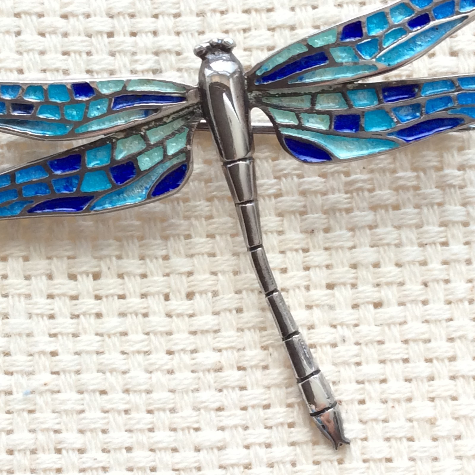 Arior dragonfly brooch pendant – Silver – Enamel Blue Mosaic – 5cm/2in – Boxed