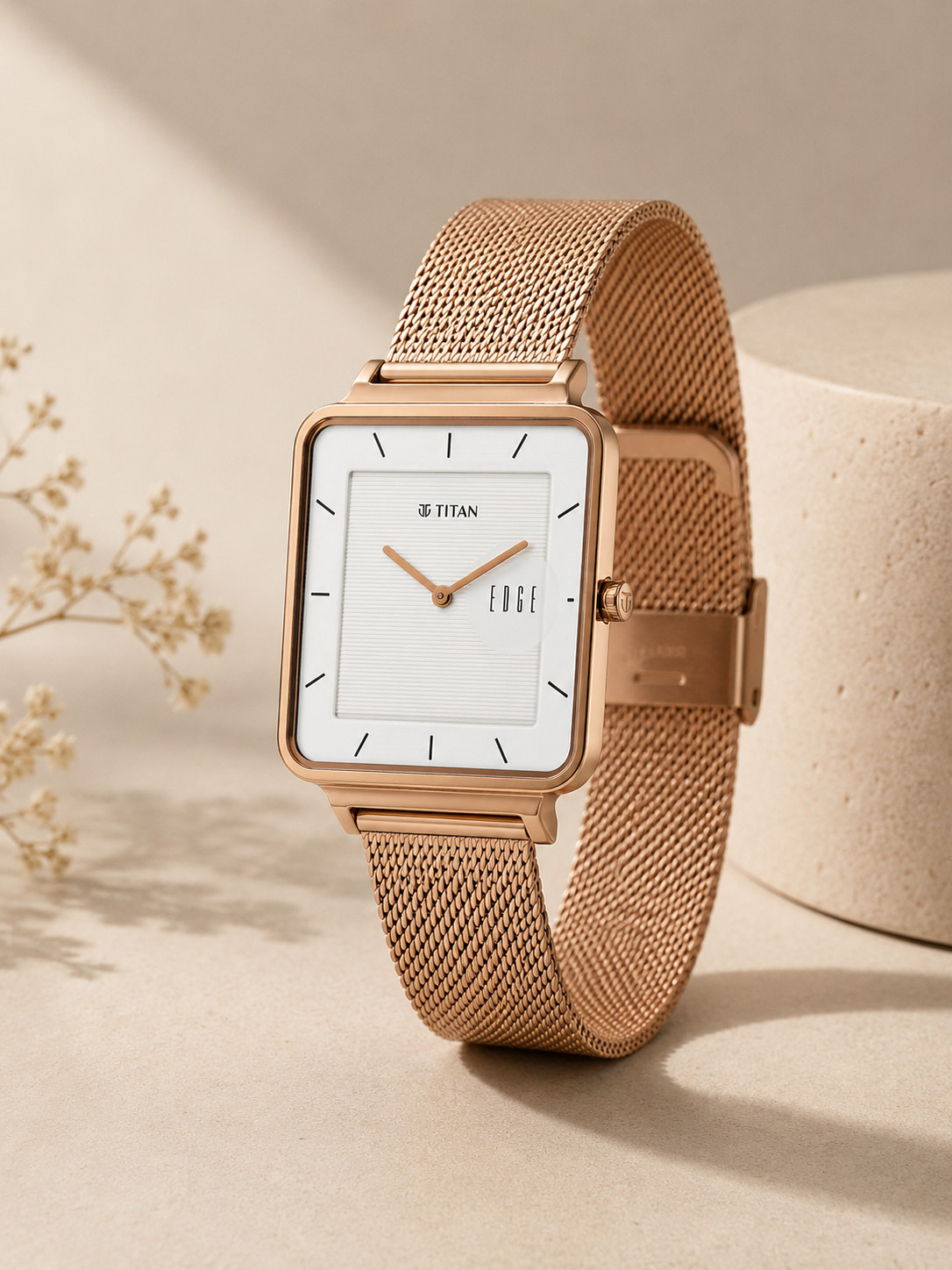 Titan Edge Quad Ultra Thin 4.15mm Rose Gold Square Mens Watch Sapphire Glass