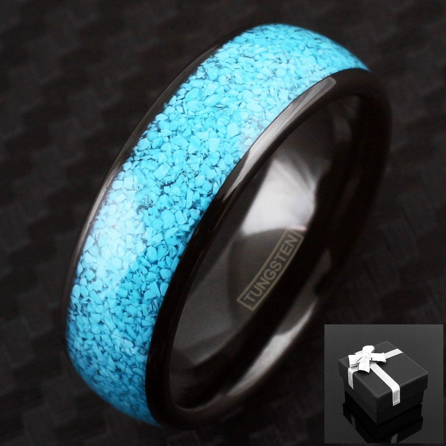 8mm Silver, Black or Rose Gold Plated Tungsten w/ Crushed Turquoise Men’s Ring