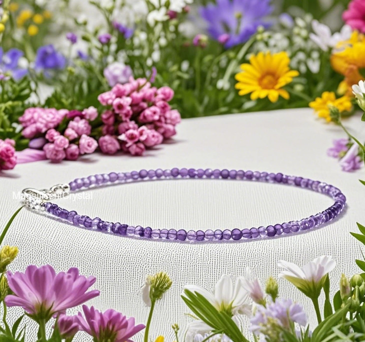 Dainty Faceted Amethyst Purple Gemstone Beaded Anklet Summer Gift Mothers Day