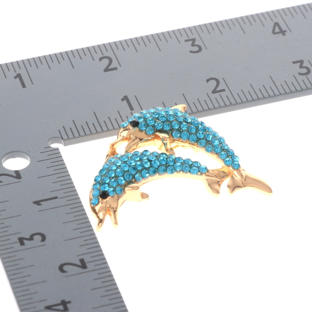 Gold Tone Alloy Metal Crystal Dolphin Brooch P1661-AQU