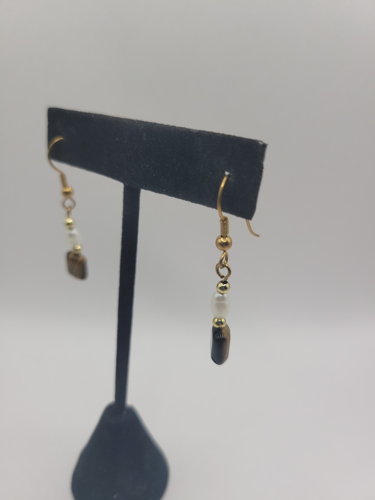 Handmade Brown Black & White Beaded Dangle Earrings Gold Tone Fishhook Boho