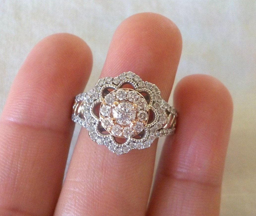 Vera Wang 14K Multi Gold Floral Diamond Halo Ring – 5.67 gms, Sz 7.75, 0.82 ctw