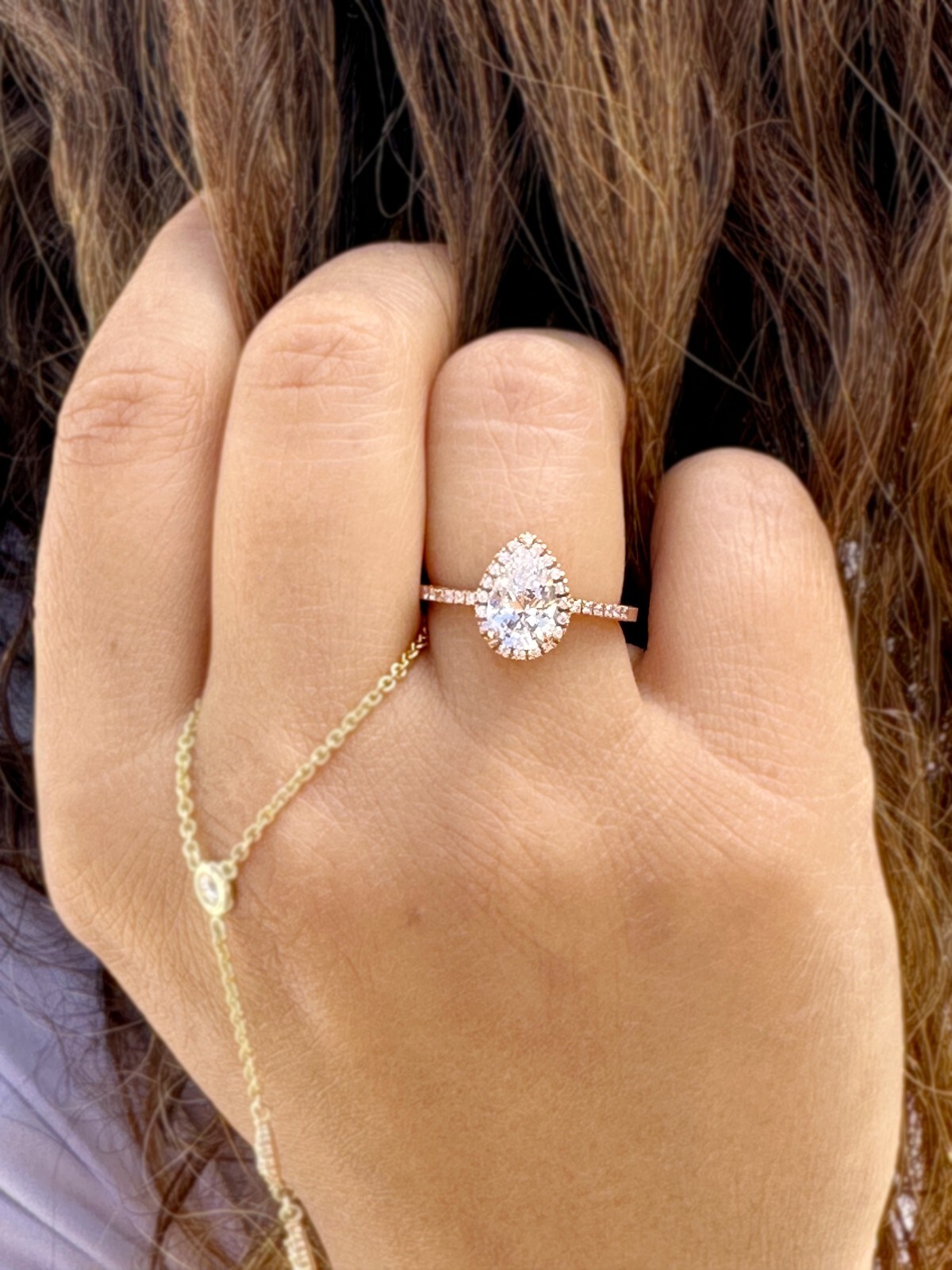 Pear Shape And Round Moissanite Engagement Ring Halo 14k Solid Rose Gold 1.70ctw