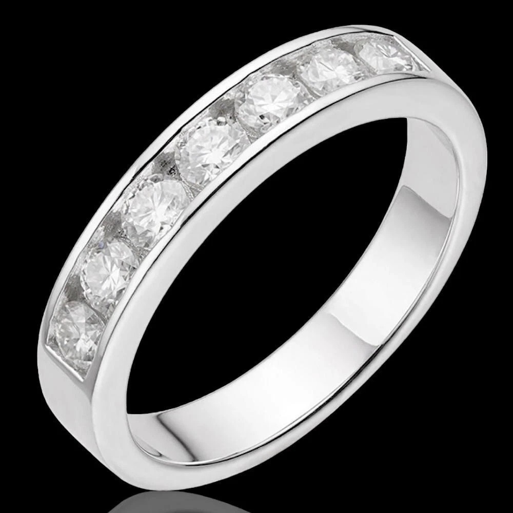 Real Moissanite Half Eternity Band Channel Set Wedding Ring 925 Silver 2mm, 3-12