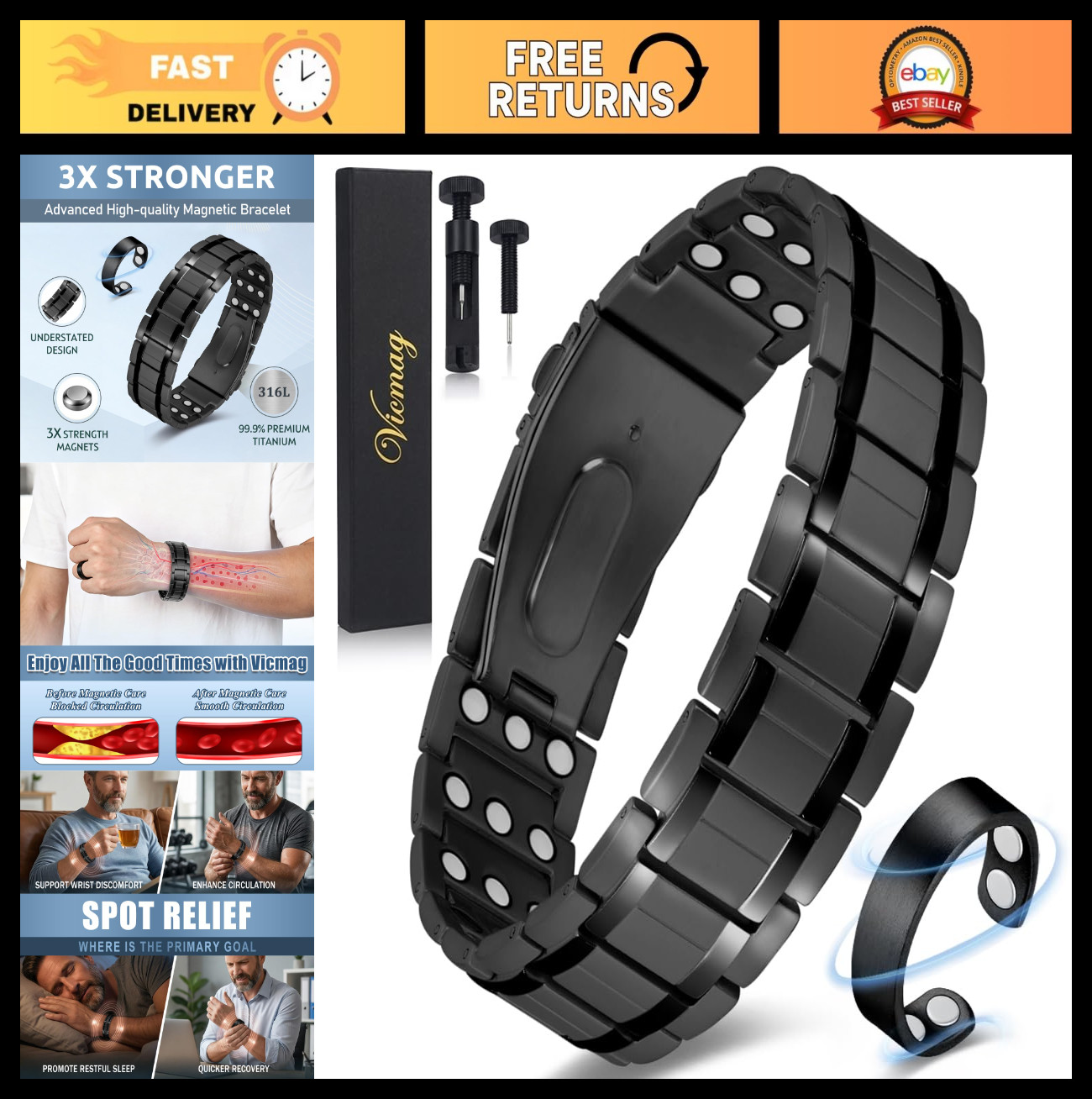 Magnetic Bracelets for Men – 3X Strength Titanium Magnetic Therapy Bracelet