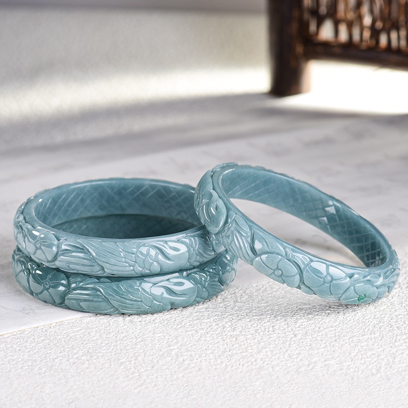 Certified natural A-grade jade blue water carved phoenix peony bracelet 54-64mm