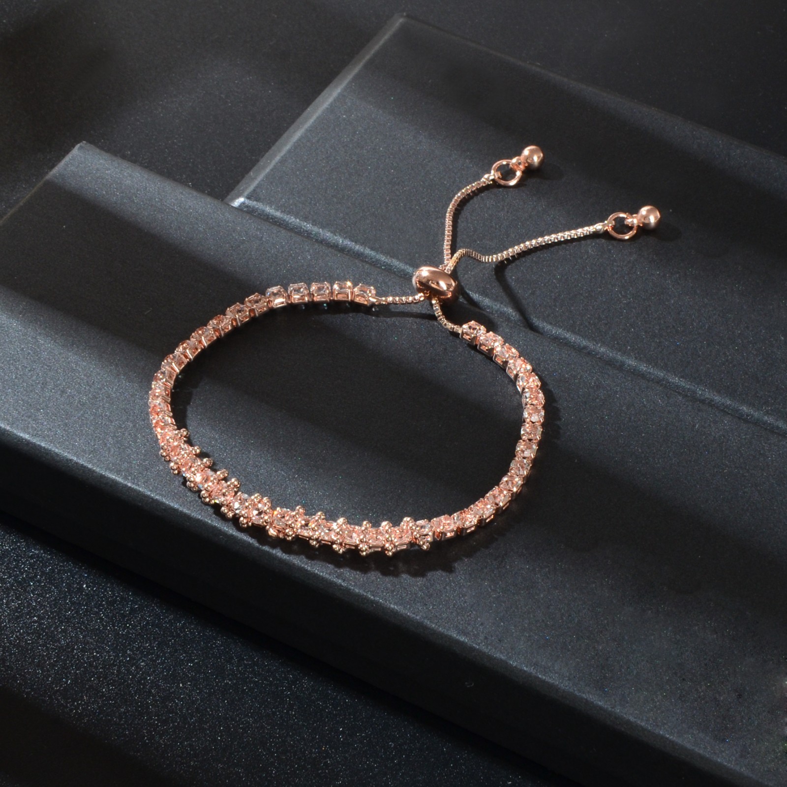 2 pcs Wedding Anniversary Rhinestone Rose Gold Silver Chain Adjustable Bracelets