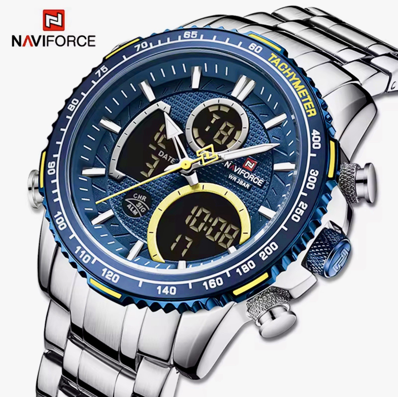 NAVIFORCE Men Sport Watch Big Dial Chronograph Quartz Wristwatch Steel Watch