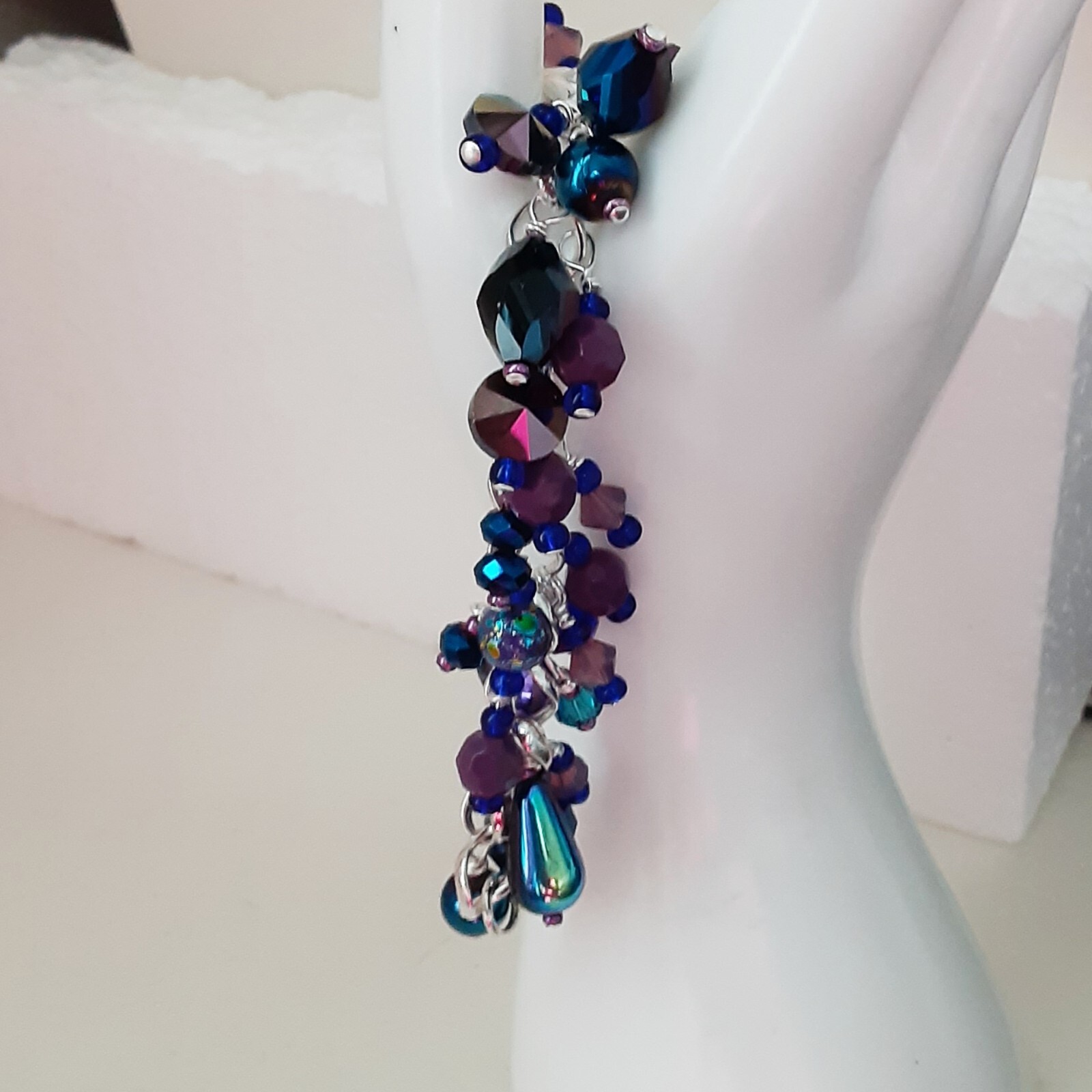 Handmade bracelet upcycled blue purple beads wirework Pat2 sz 6.2